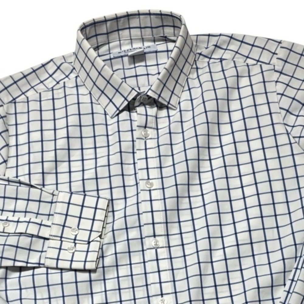 Mizzen+Main LEE-S20-41002 Button Front Shirt Mens M White Blue Plaid Spandex